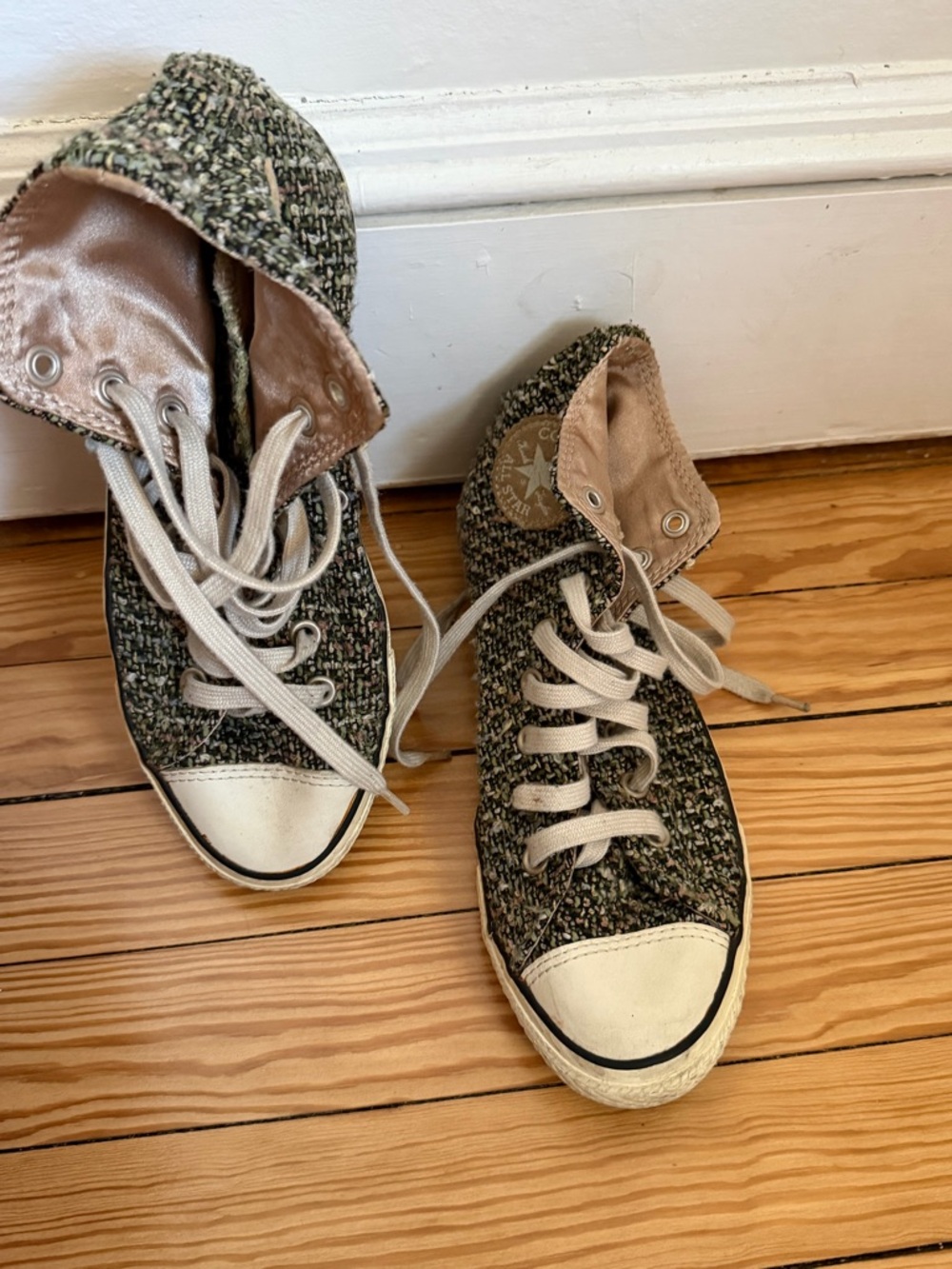 Converse Tweed High-Top Sneakers in Olive-Grey with Cream Accents